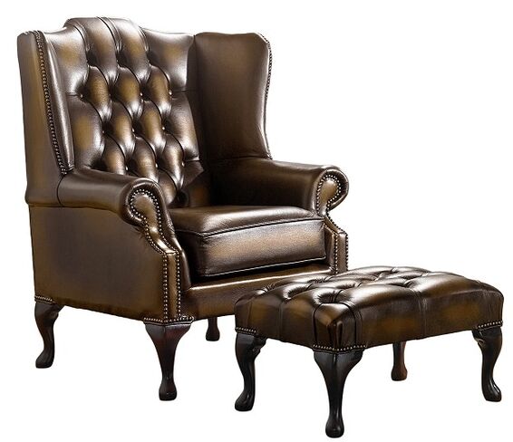 Chesterfield Handmade Mallory Flat Wing Back Armchair Antique Gold Leather + Footstool