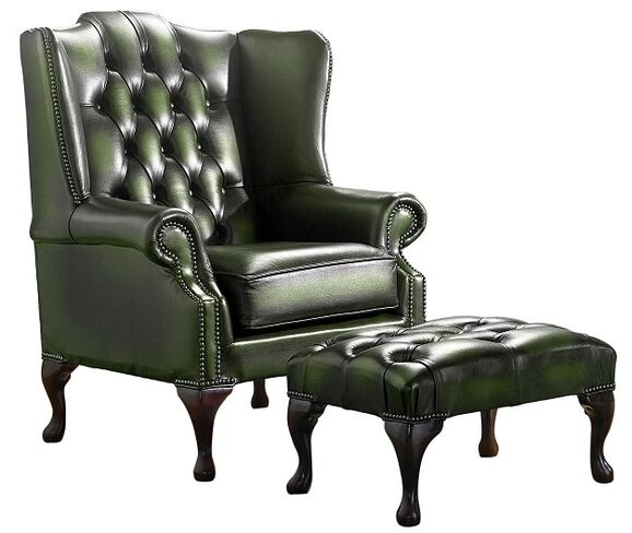 Rub Off Antique Green Leather Chesterfield Handmade Mallory Flat Wing Back Armchair + Footstool | DesignerSofas4U