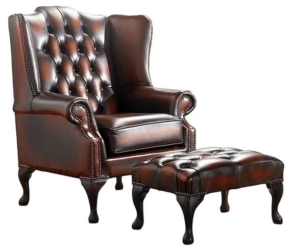 Rub Off Antique Light Rust Leather Chesterfield Handmade Mallory Flat Wing Back Armchair + Footstool | DesignerSofas4U