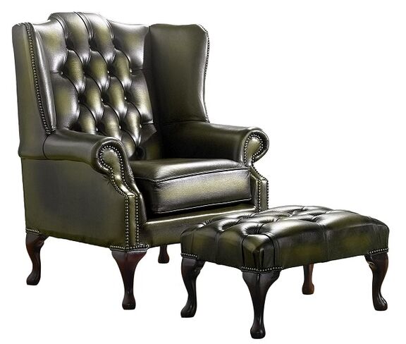Rub Off Antique Olive Leather Chesterfield Handmade Mallory Flat Wing Back Armchair + Footstool | DesignerSofas4U