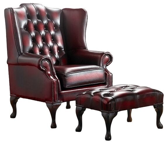 Chesterfield Handmade Mallory Flat Wing Back Armchair + Footstool Antique Oxblood Leather