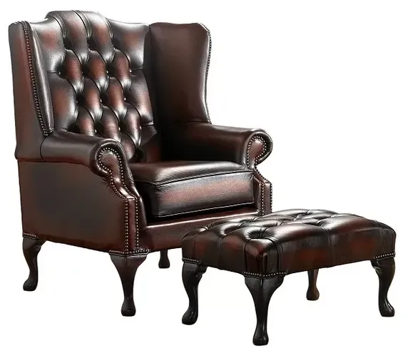 Rub off Antique Rust Leather Chesterfield Handmade Mallory Flat Wing Back Armchair + Footstool | DesignerSofas4U