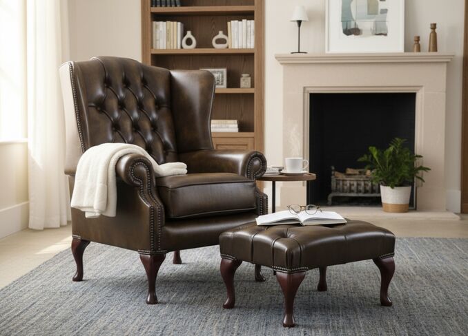 Classic Tufted Leather Queen Anne Flat Wingback Chair with Footstool Antique Gold – Vintage Elegance and Comfort