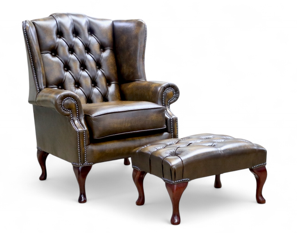 Classic Tufted Leather Queen Anne Flat Wingback Chair with