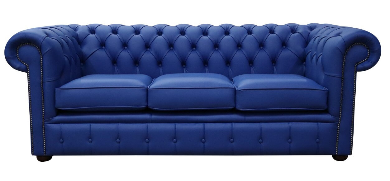 Chesterfield Blue Leather 3 Seater Sofa, Blue Leather Couches