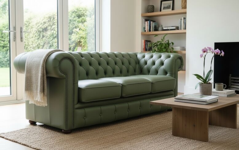 Classic Mountain Green Leather Chesterfield Sofa – Timeless Elegance & Comfort