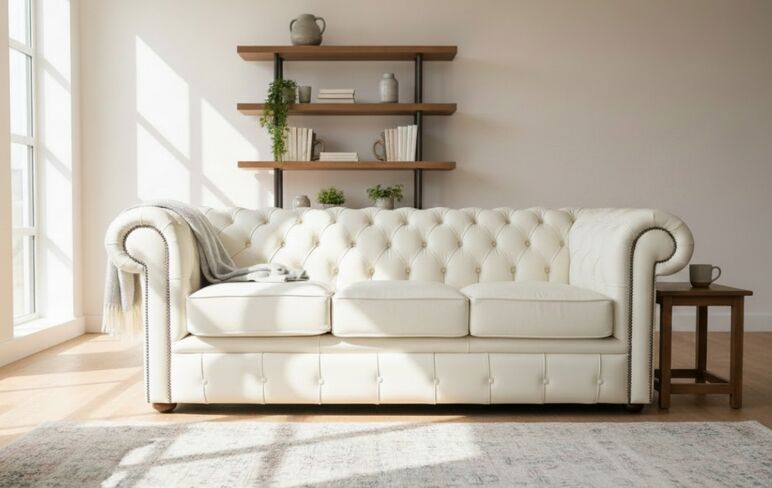 Elegant Cottonseed Chesterfield Sofa – Tufted Leather Upholstery, Rolled Arms, Timeless Luxury