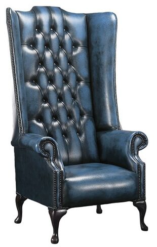 Chesterfield Soho 5ft 1780's Leather High Back Wing Chair Antique Blue