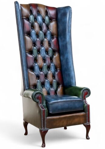 Soho High-Back Leather Wing Chair – Multicolor Patchwork Chesterfield Accent Throne