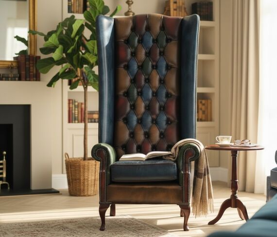 Soho High-Back Leather Wing Chair – Multicolor Patchwork Chesterfield Accent Throne