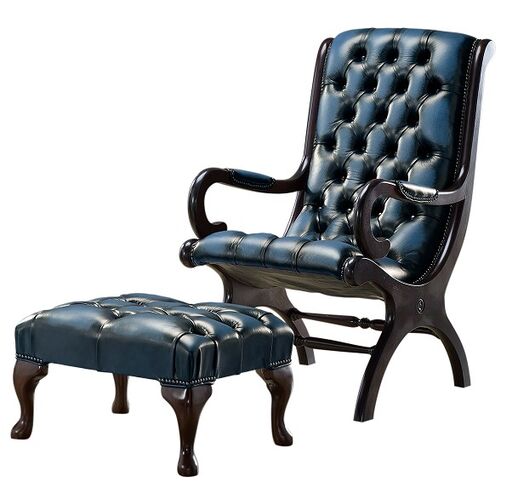 Chesterfield York Slipper Stand Armchair Antique Blue Leather + Footstool