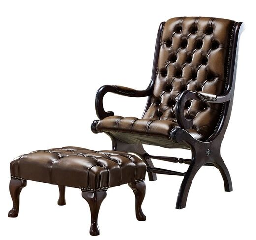 Chesterfield York Slipper Stand Armchair Antique Autumn Tan Leather + Footstool