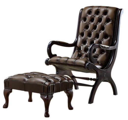 Chesterfield York Slipper Stand Armchair Antique Brown Leather + Footstool