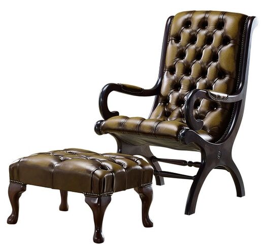 Chesterfield York Slipper Stand Armchair Antique Gold Leather + Footstool