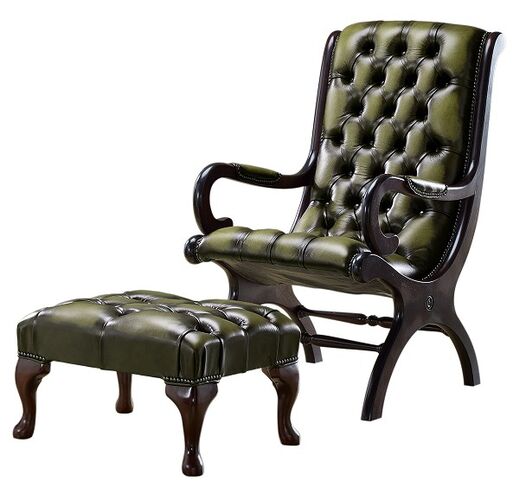 Chesterfield York Slipper Stand Armchair Antique Olive Leather + Footstool