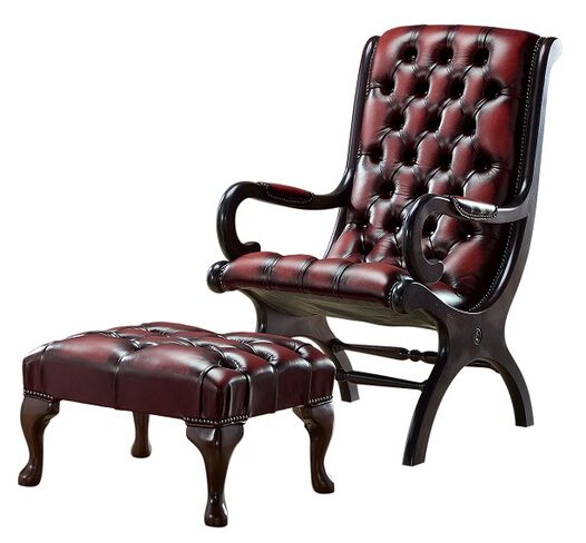 Chesterfield York Slipper Stand Armchair Antique Oxblood Leather + Footstool