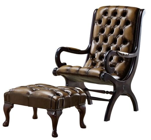 Chesterfield York Slipper Stand Armchair Antique Tan Leather + Footstool