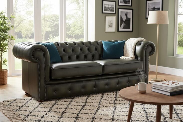 Classic Chesterfield Leather Sofa Antique Olive – Timeless Elegance & Ultimate Comfort