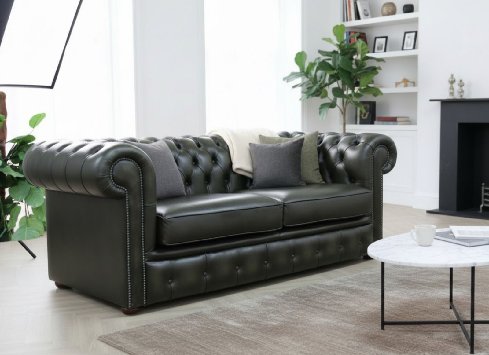 Classic Chesterfield Leather Sofa Antique Olive Timeless Elegance & Ultimate Comfort