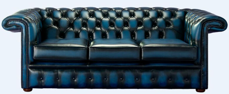 Chesterfield 1857 Hockey Stick 3 Seater Antique Blue Leather Sofa Offer