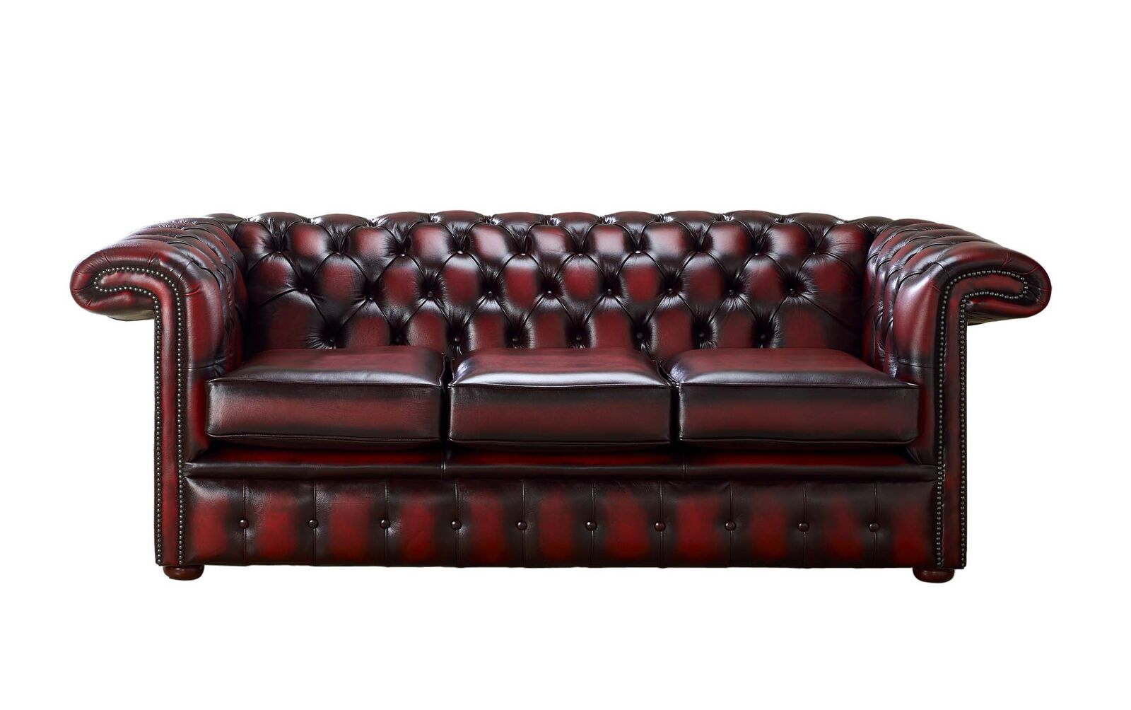 Product photograph of Chesterfield 1857 Hockey Stick 3 Seater Antique Oxblood Leather Sofa Offer from Designer Sofas 4U