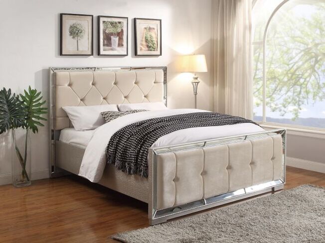 Nicia Wooden Velvet Double Size Bed In Cream