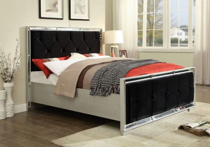 Nico Wooden Velvet  Double Size Bed In Black