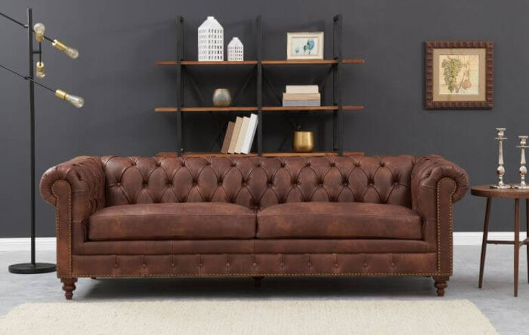 Zorah Chesterfield 3 Seater Brown Leather Sofa