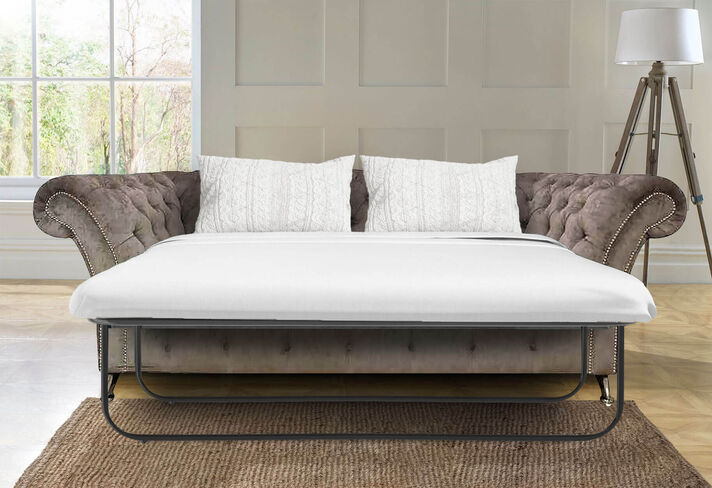 Chesterfield Drummond 3 Seater Sofabed Settee Perla Illusions Grey Fabric Chrome Feet-Studding