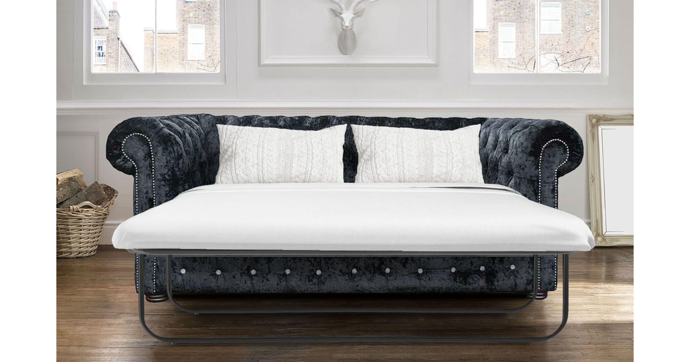 Buy Pull Out Sofa Bed Sale In Black Velvet Fabric Chesterfield Crystal