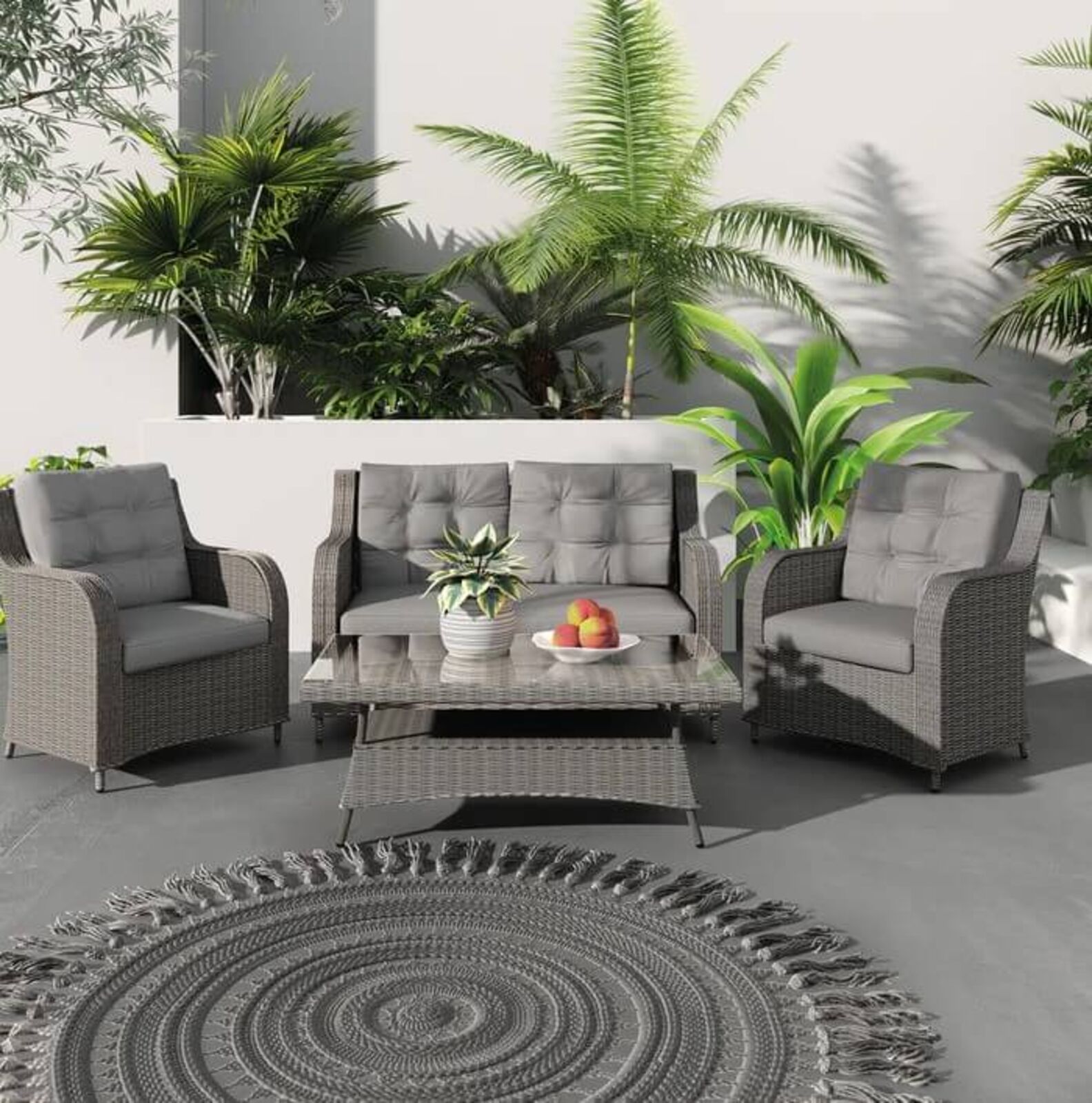 Product photograph of Amara Grey Rattan Garden 2 Seater Sofa And 2 Armchairs With Coffee Table from Designer Sofas 4U