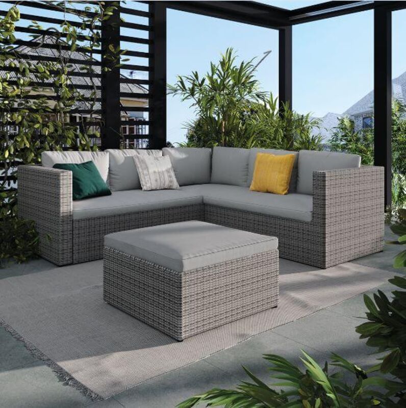 Product photograph of Gemma Corner Grey Rattan Garden Sofa With Large Stool In Grey from Designer Sofas 4U