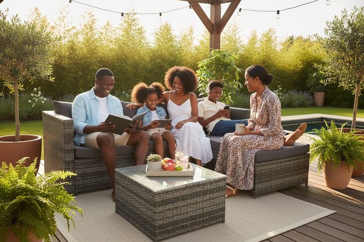 Hampus 3 Seater Grey Rattan Garden Sofa Set With Large Stool And Coffee Table