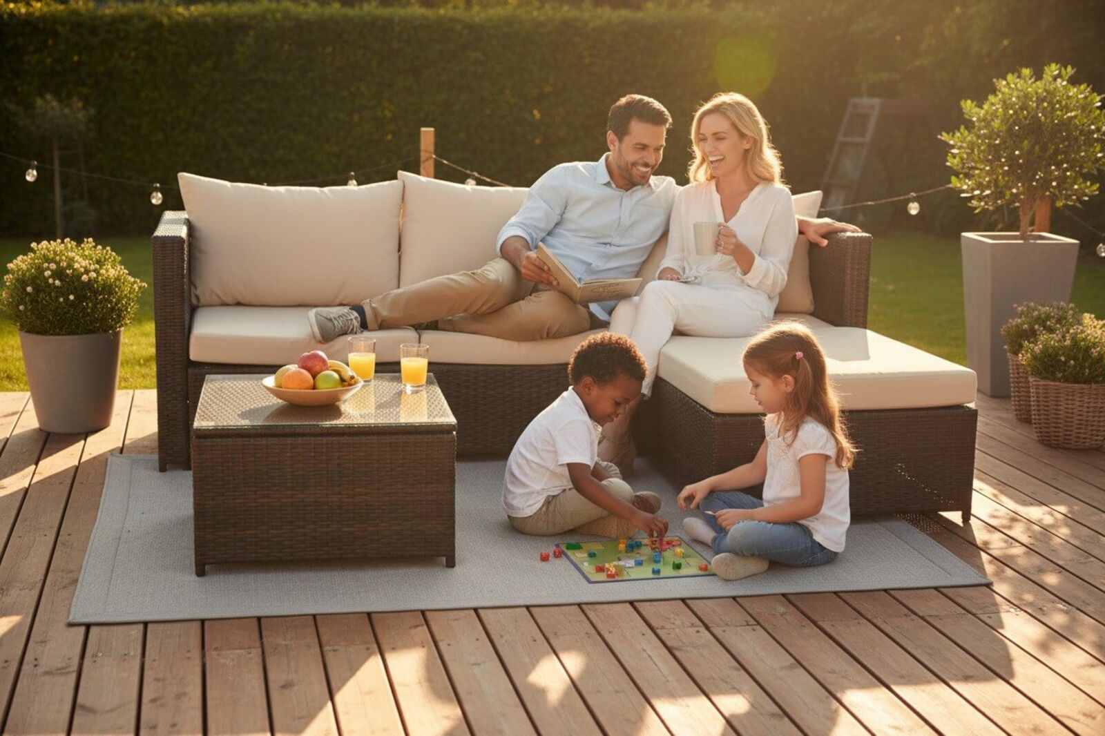 Hampus 3 Seater Rattan Brown/Beige Garden Sofa Set With Large Stool And Coffee Table