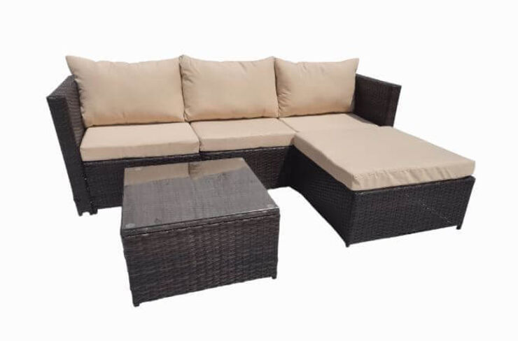 Hampus 3 Seater Rattan Brown/Beige Garden Sofa Set With Large Stool And Coffee Table