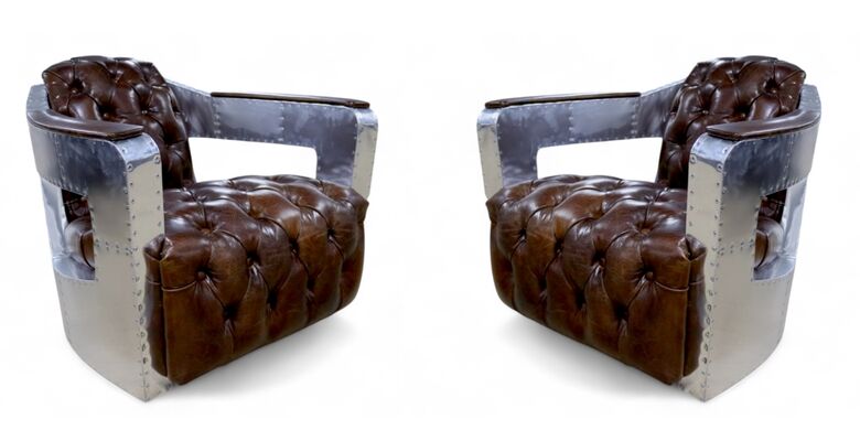 2 x Aviator Chesterfield Buttoned Distressed Vintage Brown Armchairs