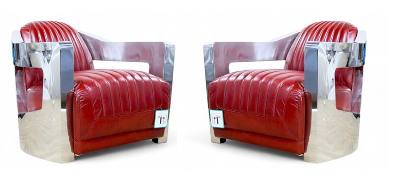 2 x Man Cave Aviator Luxury Vintage Retro Red Distressed Real Leather Armchairs