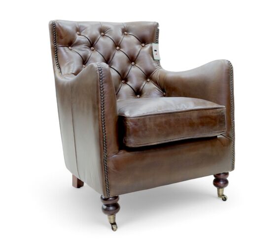 Ancient Mariner Buttoned Back Vintage High Back Distressed Brown Leather Armchair