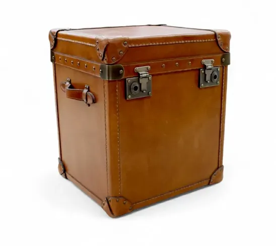 Vintage Tan Leather Storage Trunk – Decorative Chest with Hinged Lid