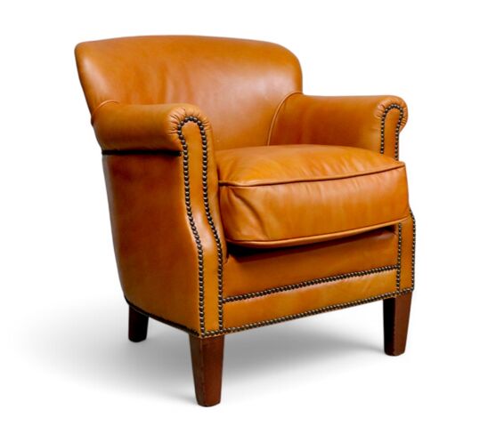 Apricot Leather Club Chair With Nailhead Trim
