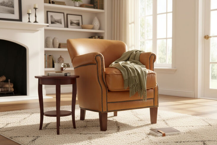 Apricot Leather Club Chair With Nailhead Trim
