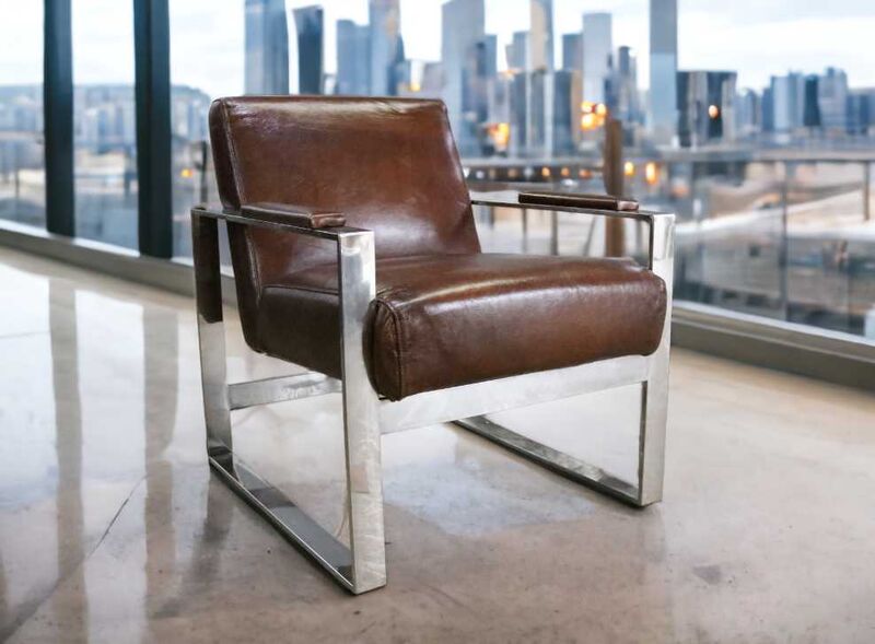 Product photograph of Art Deco Distressed Brown Leather And Stainless Steel Armchair from Designer Sofas 4U