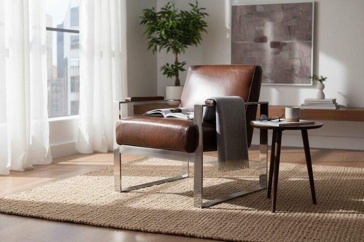 Art Deco Distressed Brown Leather and Stainless Steel Armchair