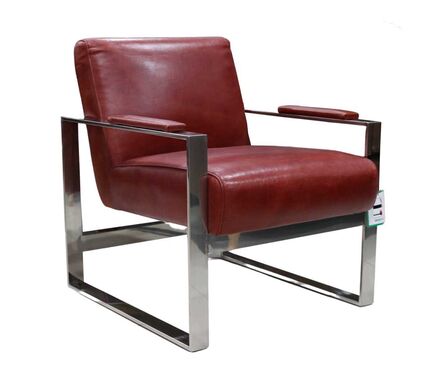 Art Deco Distressed Red Leather and Stainless Steel Armchair