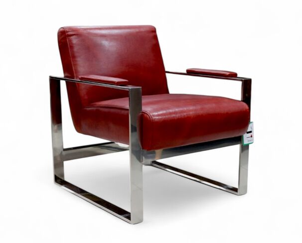 Art Deco Distressed Rouge Red Leather and Stainless Steel Armchair