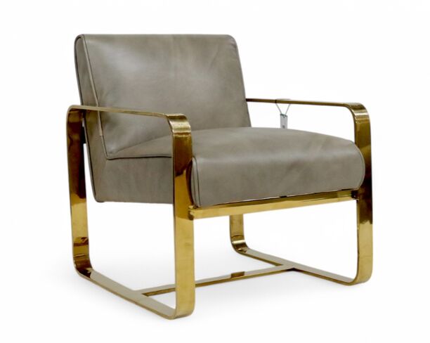 Art Deco Leather and Gold Stainless Steel Armchair Wash Grey