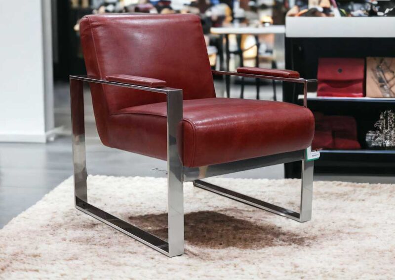 Product photograph of Art Deco Distressed Rouge Red Leather And Stainless Steel Armchair from Designer Sofas 4U