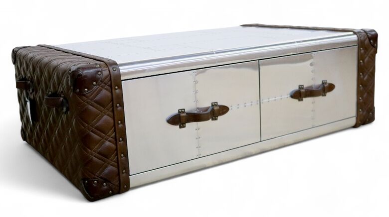Vintage Aviator Metal & Leather Coffee Table – 4 Drawer Storage Trunk Style