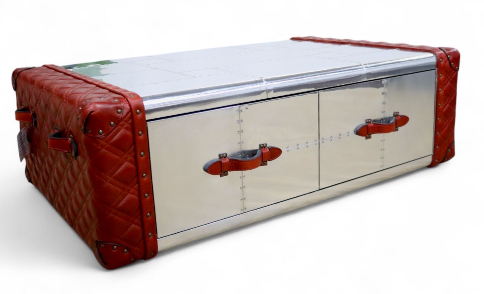 Aviation-Inspired Red Leather Trunk Coffee Table with Storage Drawers