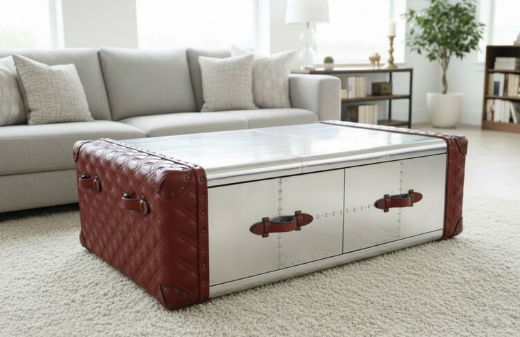 Aviation-Inspired Red Leather Trunk Coffee Table with Storage Drawers